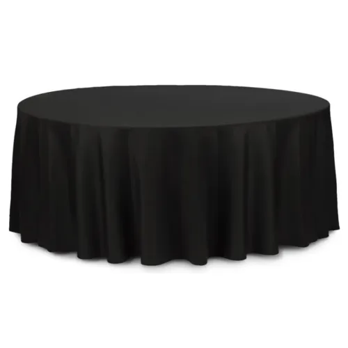 Круглая чёрная скатерть 3.3 м Профлайн с банкетным круглым столом Стелс диаметр 1,8 м